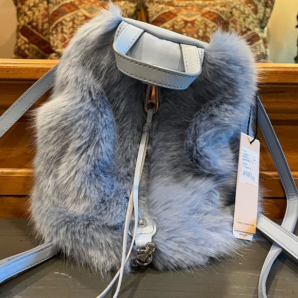 NWT Rebecca Minkoff Faux Fur Convertible Mini Julian Backpack - Powder Blue - Picture 3 of 12